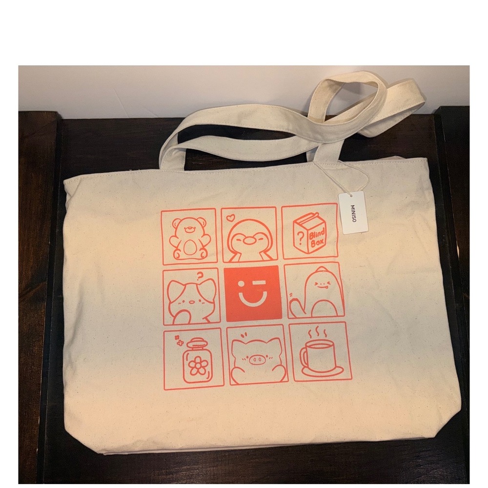 Miniso Life Is For Fun Canvas Tote Bag Kawaii Character Graphic‎ NWT